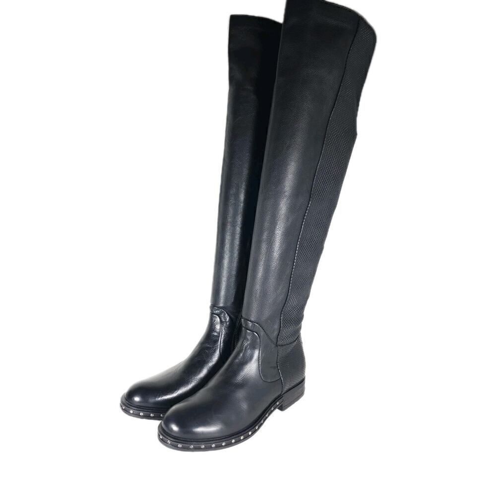 A.S.98 Women's US36 EU6 Black Soft Leather Zip Studded Tall Over The Knee Boots